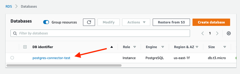 Screenshot of the AWS RDS database list