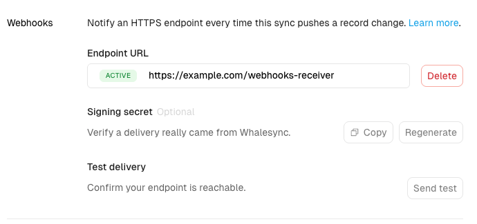 The Webhooks section under a sync's Settings tab