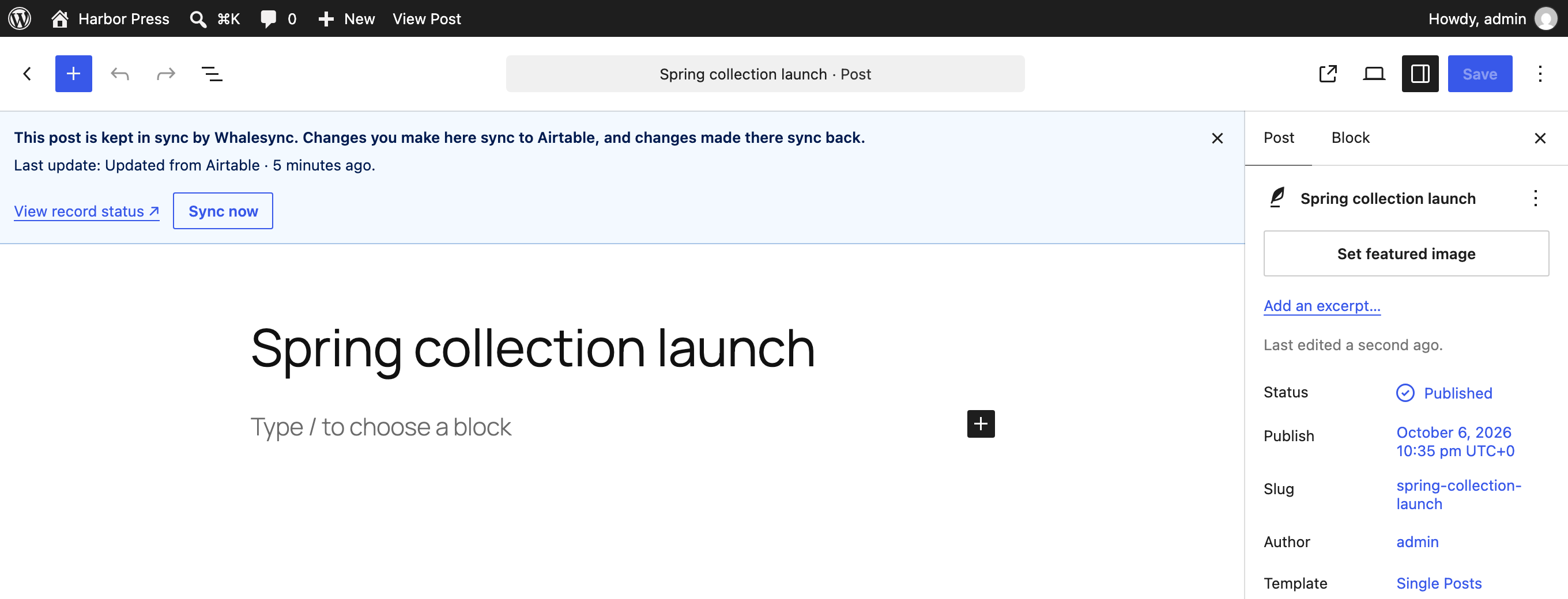 The block editor with a Whalesync banner above the post, with View record status and Sync now