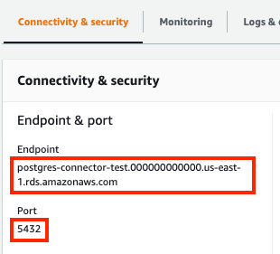 Screenshot of the AWS RDS endpoint and port information