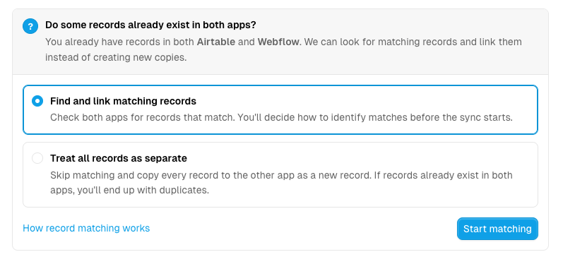 The Activate step asks whether records already exist in both apps before matching.