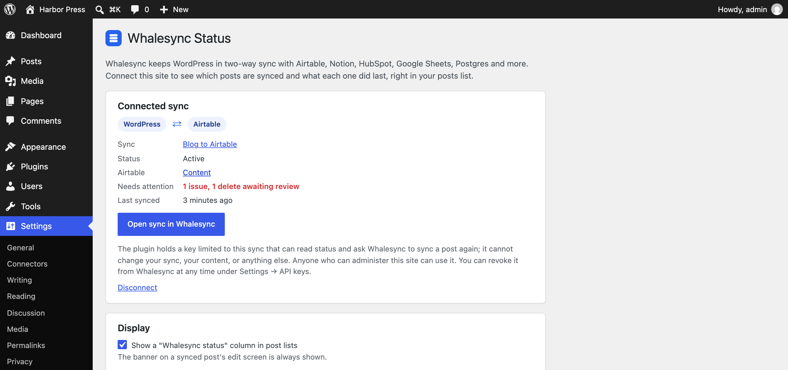 The Whalesync Status settings page showing the connected sync and its state