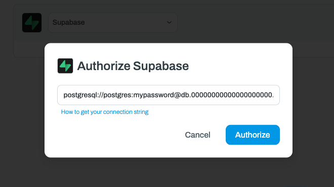 Screenshot of the Whalesync Supabase connection dialog