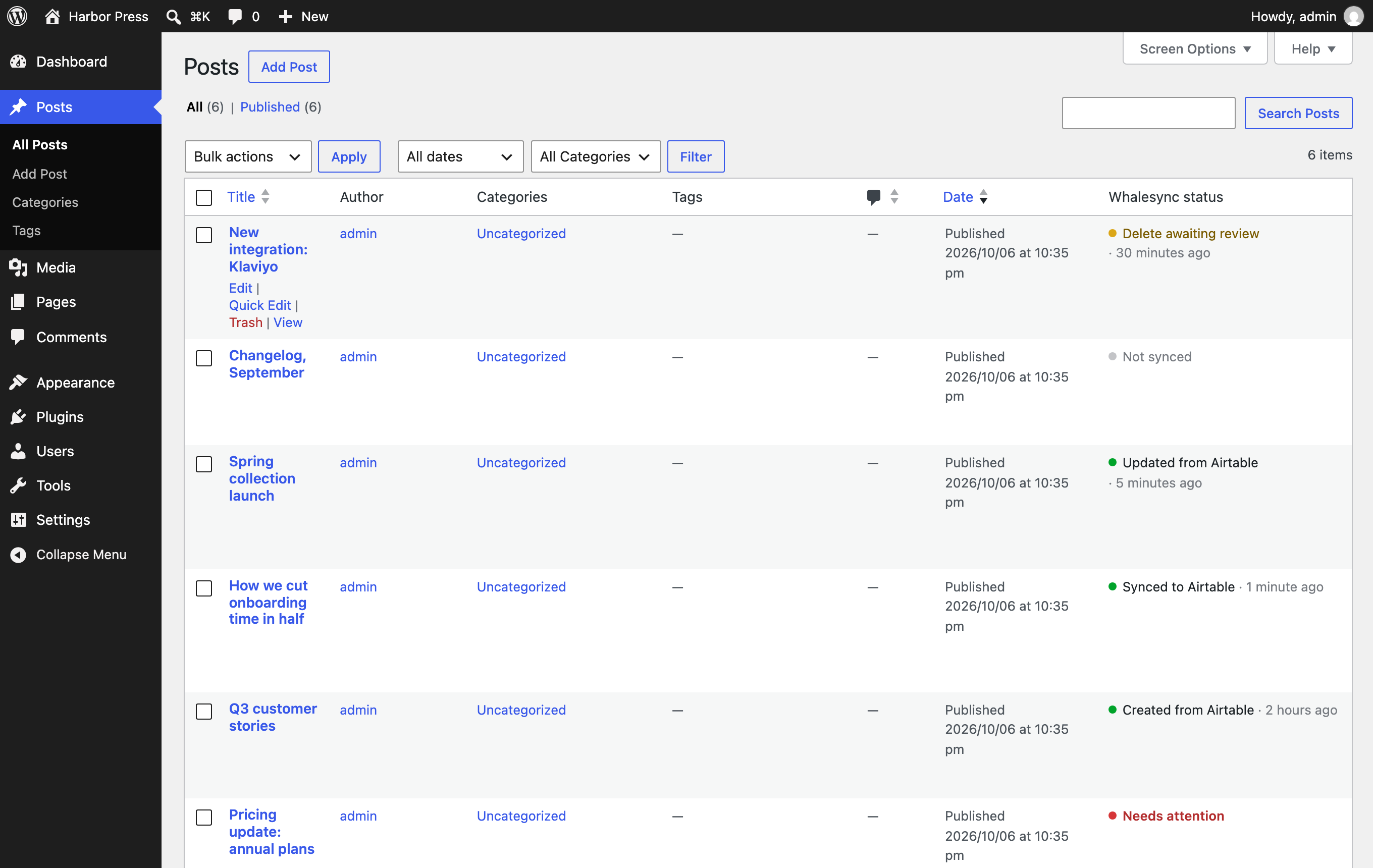 The WordPress posts list with a Whalesync status column showing each post's last sync event