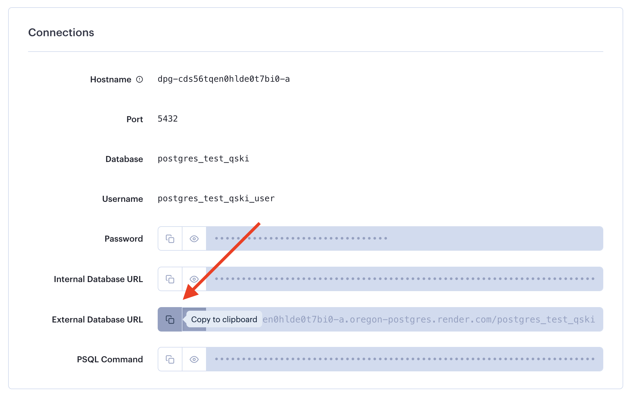 Screenshot of the Render database connections section with the external database URL