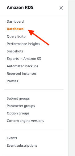 Screenshot of the AWS RDS side panel