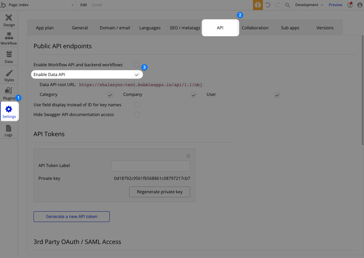 Screenshot of the Bubble API settings page