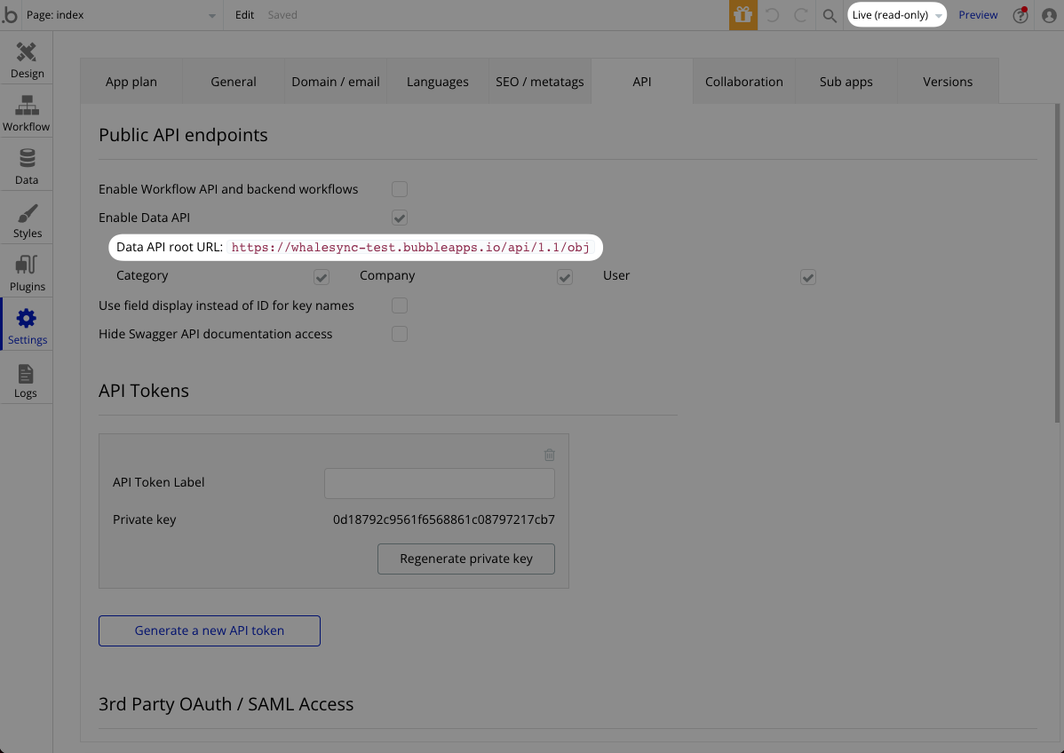 Screenshot of the Bubble API settings page with the API URL